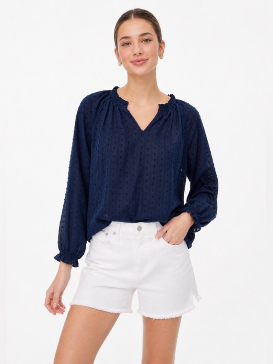 J. Crew Tops - J CREW Navy Clip-dot smocked-neck top